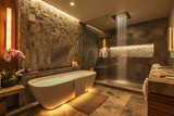 Fototapeta  - A spa-like bathroom with a large soaking tub, a rain shower, and natural stone tiles. Warm lighting