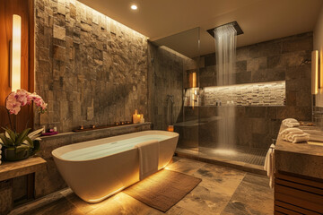 A spa-like bathroom with a large soaking tub, a rain shower, and natural stone tiles. Warm lighting