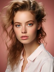 Wall Mural - a beauty close-up shot, as a skincare campaign, in a studio with a pink gradient background. the model is a beautiful white female, flair on her captivating face, healthy skin. generative AI