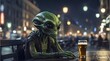 Lonely alien having a beer in a local pub at night 
