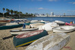 Fishing boats at the beach of Coronado Tidelands Park at San Diego, The skyline of San Diego is at the horizon, CA, USA