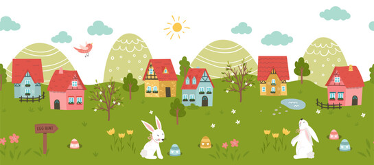 Wall Mural - Cute Easter Egg hunt design for children, hand drawn with cute bunnies, eggs and decorations - great for party invitations, banners, wallpapers - vector