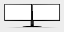 Front View Of 2 Screen Computer Monitor Mockup With Blank White Display Vector