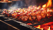 meat on skewers being cooked on a grill