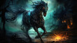 Horse in the village at night. Fantasy illustration. Digital painting.