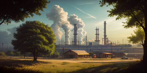 in the foreground is a beautiful green tree, in the background is a smoky factory that pollutes the environment and the atmosphere.