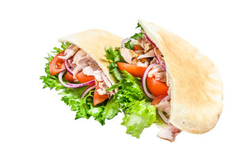 Wall Mural - Doner kebab with grilled chicken meat and vegetables in pita bread.  Transparent background. Isolated.