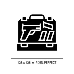 Poster - 2D pixel perfect glyph style gun case icon, isolated vector, flat silhouette illustration representing weapons.