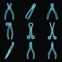 Wall Mural - Clinic forceps icons set. Outline set of clinic forceps vector icons neon color on black