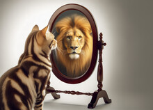 Cat What Sees Herself In The Mirror As A Grown Up Lion With A Mane, Believe That Anything Is Possible