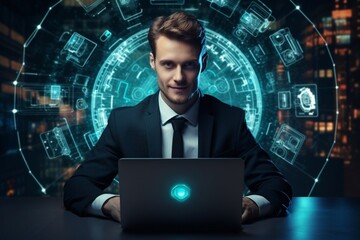 create a high-resolution photo late at night in private office male businessman works on a laptop co