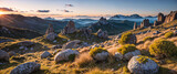 Fototapeta Fototapety z naturą - The epic landscape with weathered boulders at sunset. Natural background, nature landscape wallpaper, banner. Created using generative AI tools