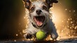 Purebred active dog in motion, running on wet ground, catching tennis ball over dark background with bokeh. Concept of sport, game, action and motion, animal theme