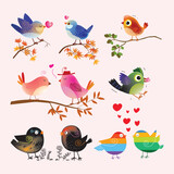 Fototapeta Pokój dzieciecy - Set of bright exotic tropical colorful sparrow, little birds vector illustration.