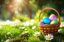Basket Full Of Colorful Easter Eggs On Green Grass In The Garden On A Sunny Day.