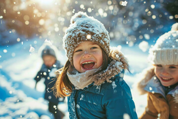 Wall Mural - A group of children playing in the snow, laughing and having fun