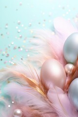 Wall Mural - Enchanting Easter background with eggs, feathers, glitter and copy space for text. Soft, pastel colors. Tranquil and joyful scene. Perfect for holiday-themed designs, greeting cards.