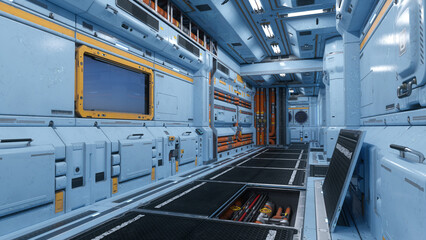 Wall Mural - corridor inside a futuristic sci-fi space station building with exposed pipes and cables under the f