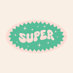 y2k retro sticker with distorted super word. fun label design. vintage paper patch for card, poster,