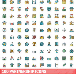 Poster - 100 partnership icons set. Color line set of partnership vector icons thin line color flat on white
