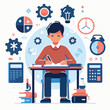 illustration of a person studying. flat design with some icons