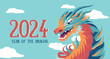 New Year decoration horizontal banner template New Year cards for 2024 year of the dragon. Chinese New Year. Image of a bright vector dragon on a sky background for a postcard