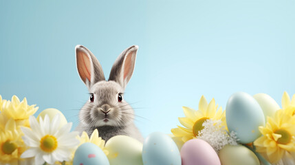 Wall Mural - Easter Bunny with Easter Basket Easter eggs and flowers on pastel blue background