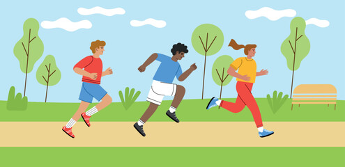 Wall Mural - Cartoon people running. Athletes go jogging in nature, city park, outdoor fitness, cross country marathon, healthy lifestyle, vector concept.eps