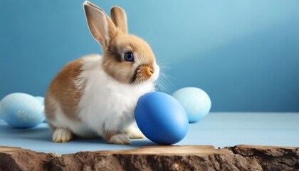Wall Mural - easter bunny rabbit with blue painted egg on blue background easter holiday concept