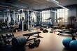Modern gym interior with sport and fitness equipment, fitness center inteior, inteior of crossfit and workout gym, 3d rendering
