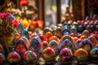 A vintage-style Easter egg market with stalls selling.