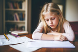 Fototapeta  - Distracted and lazy schoolgirl reluctant to do homework sitting by desk with open copybook. Education, school, learning disability, reading difficulties. 
 