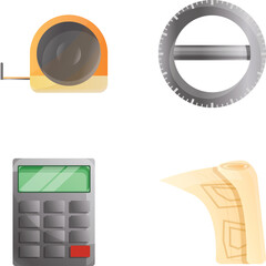 Designer equipment icons set cartoon vector. Measuring and drawing tool. Calculation, project preparation