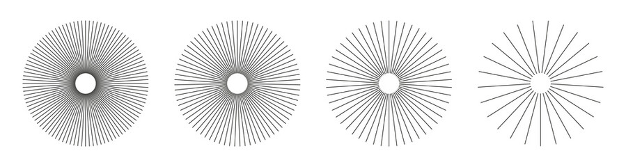 Radial circle lines. Circular lines elements. Symbol of Sun star rays. Flat design elements. Spokes with radiating stripes. Abstract illusion geometric shapes.