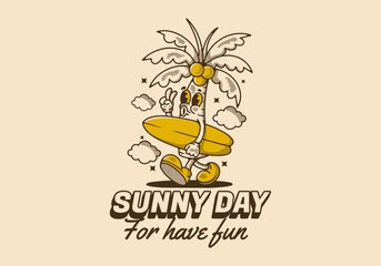 Wall Mural - Sunny day for have fun. Mascot character illustration of coconut tree holding a surfing board