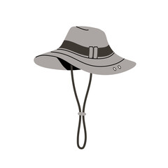 Fishing cap, panama or bucket hat with strings. Head accessory for camping in forest, mountain. Hunter headwear, hiking clothes protect from UV. Flat isolated vector illustration on white background