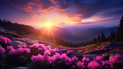 Wall Mural - pink rhododendron flowers on summer mountain