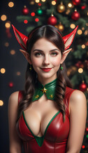 Portrait Of Beautiful Young Woman In Red Devil Costume On Christmas Background
