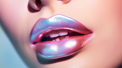 Close up of beautiful female lips with glossy pink and blue lipstick.
