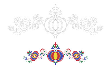 Wall Mural - Traditional folk ornament. Floral embroidery Czech pattern. Coloring pages with a colour template. Moravian, Slovak and Hungarian symbol. Vector illustration