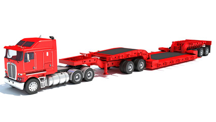 Sticker - Semi Truck with Lowboy Platform Trailer 3D rendering on white background