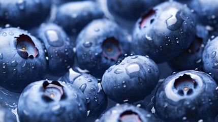Wall Mural - Water drops on ripe sweet blueberry. Fresh blueberries background with copy space. generative ai