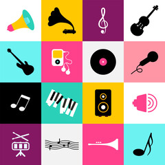 Wall Mural - Music symbols in colorful squares - vector background