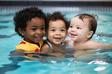 diverse young children enjoying swimming lessons in pool, learning water safety skills, joyful activ