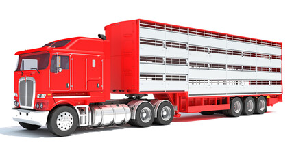 Wall Mural - Truck with Cattle Animal Transporter Trailer 3D rendering on white background