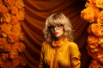 Wall Mural - Photograph of a powerful young lady wearing yellow jacket on yellow background.