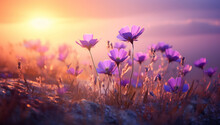A Group Of Purple Flowers In A Meadow Field With The Sunlight At Sunset. Mothers Day Concept.