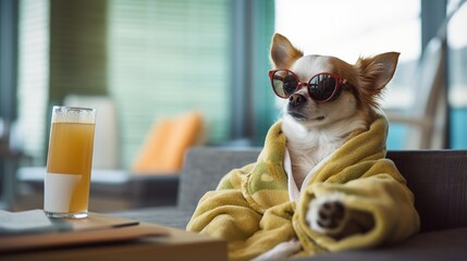 Wall Mural - chihuahua dog relaxing and lying, in spa wellness center ,wearing a bathrobe and funny sunglasses , martini cocktail included