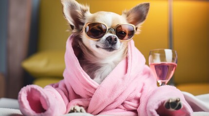 Wall Mural - chihuahua dog relaxing and lying, in spa wellness center ,wearing a bathrobe and funny sunglasses , martini cocktail included