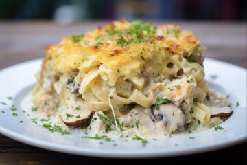 Wall Mural - Close-up of Homemade Turkey Tetrazzini on White Plate. Delicious Pasta Dish for Lunch or Dinner Prepared in Kitchen